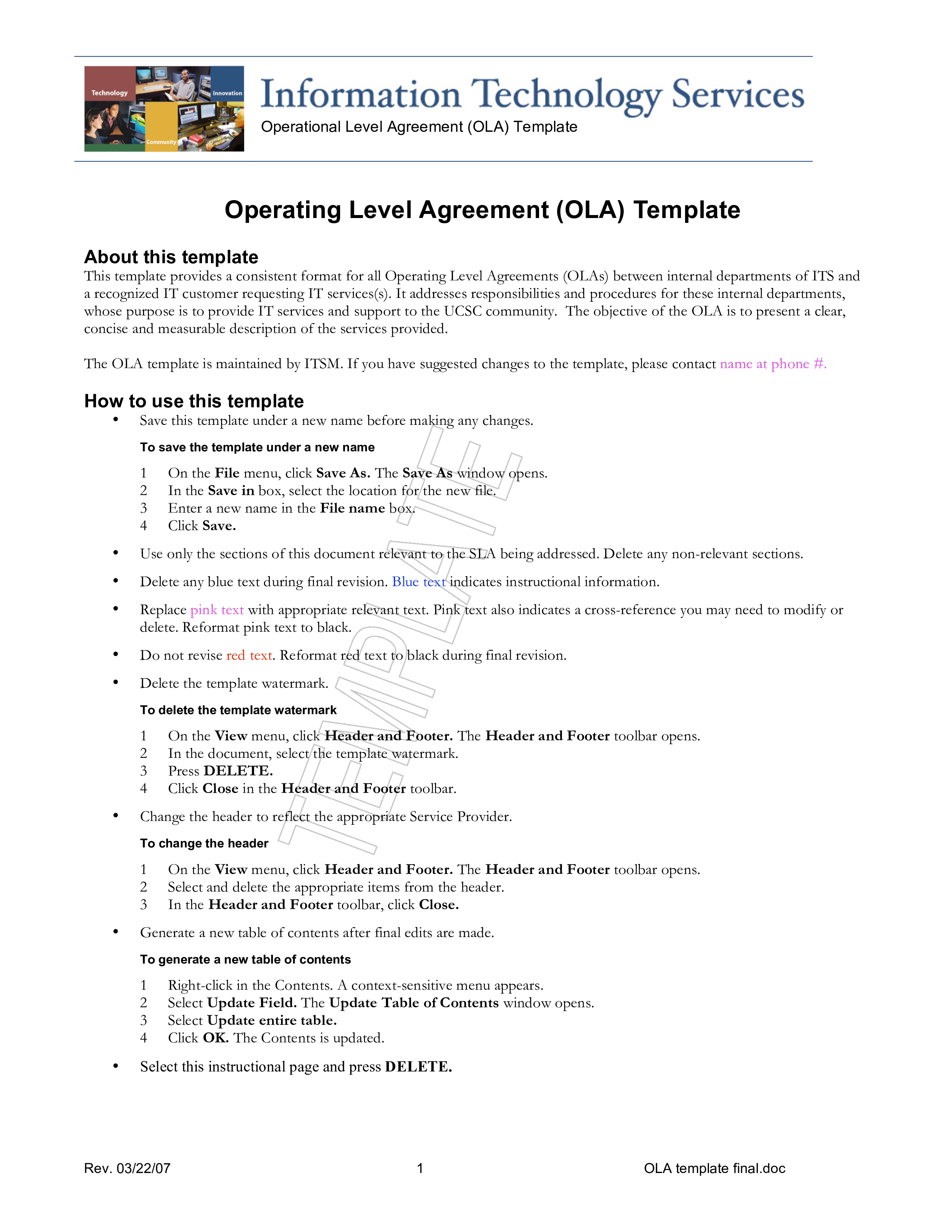 operating level agreement modèles