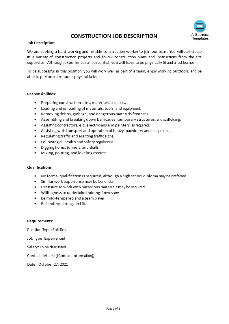 construction job description plantilla imagen principal