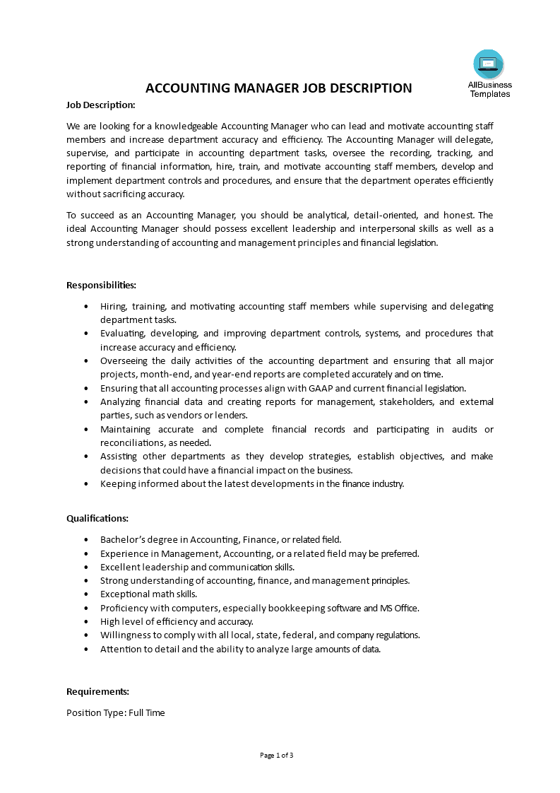 accounting manager job description modèles