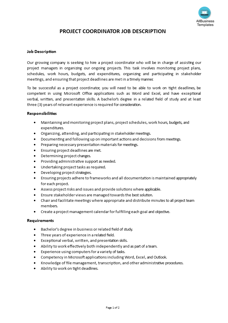 project coordinator job description voorbeeld afbeelding 