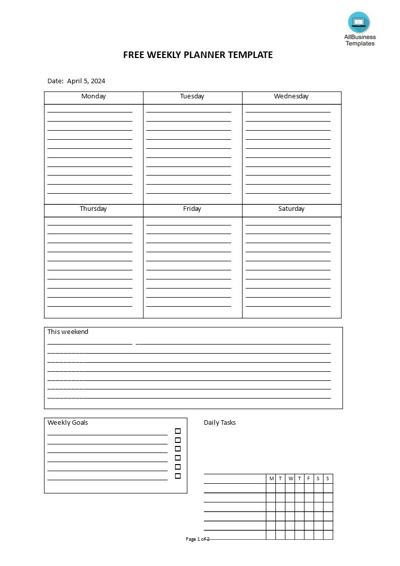 free weekly planner template voorbeeld afbeelding 