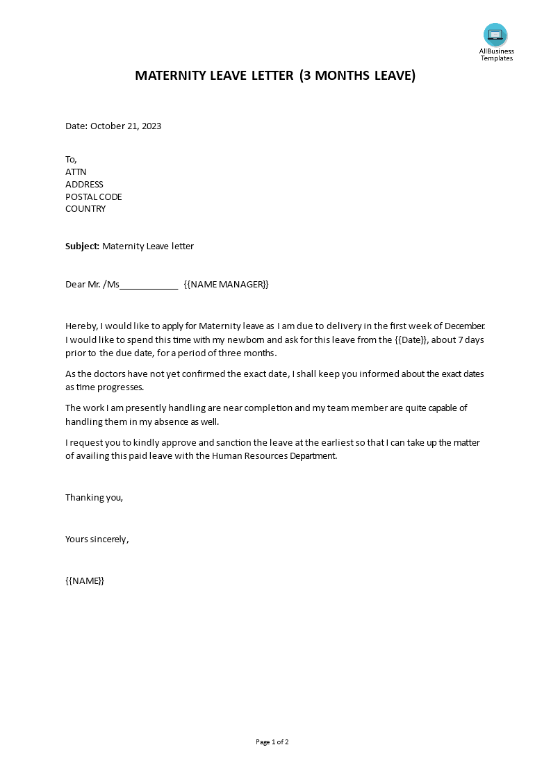 maternity leave letter template