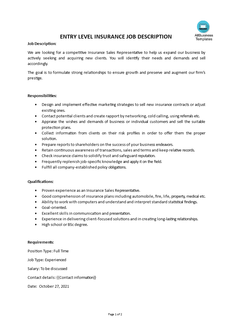 entry level insurance job description template