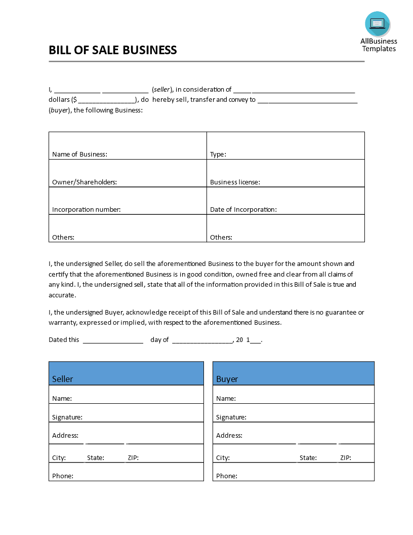 Bill Of Sale Business Template.doc 模板