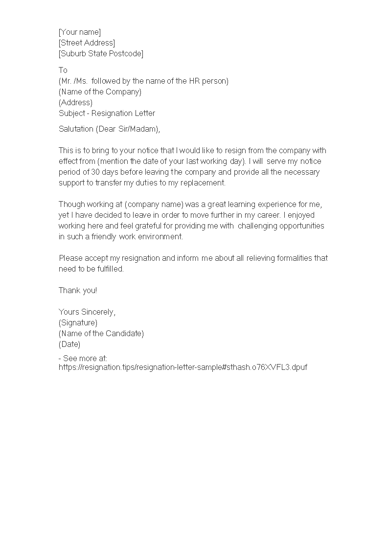 professional resignation letter with reason template