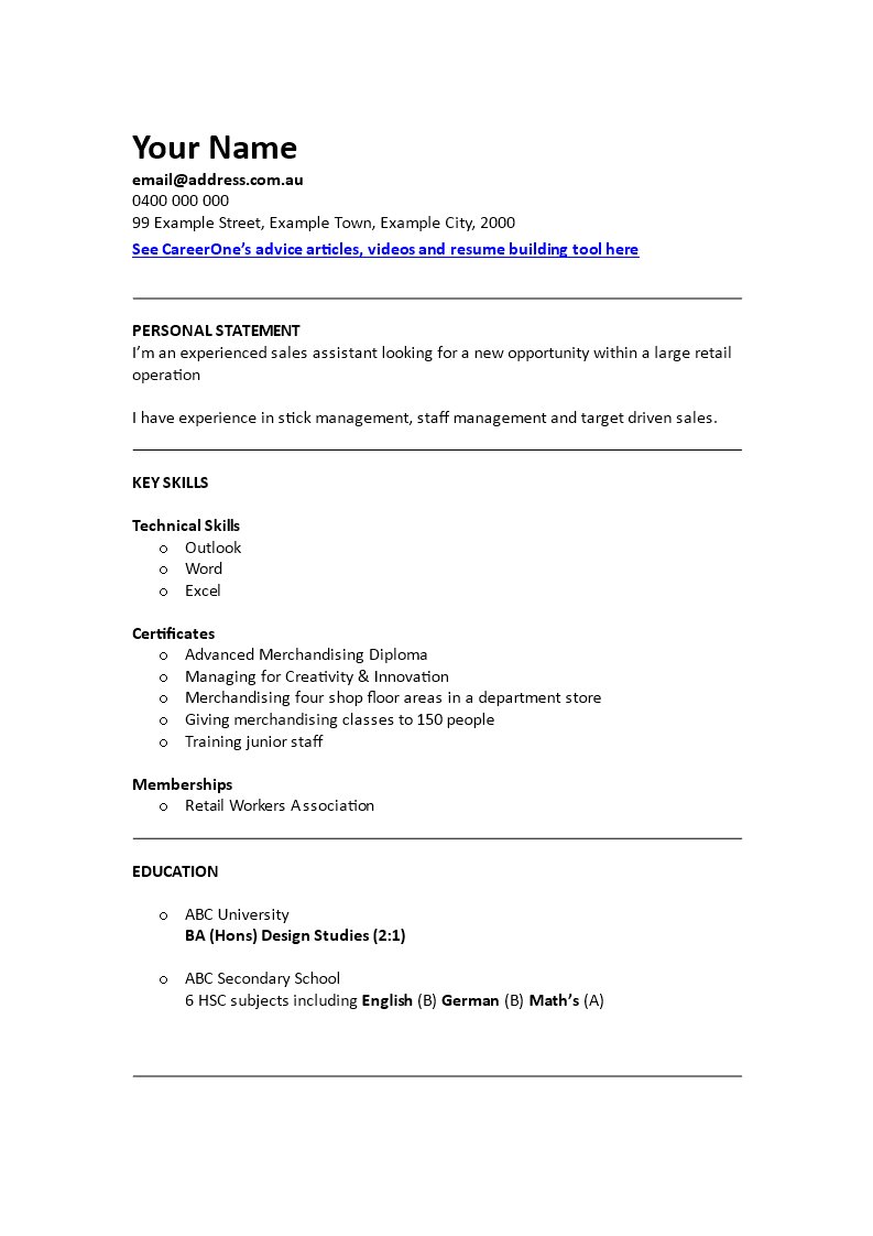 retail sales assistant resume template