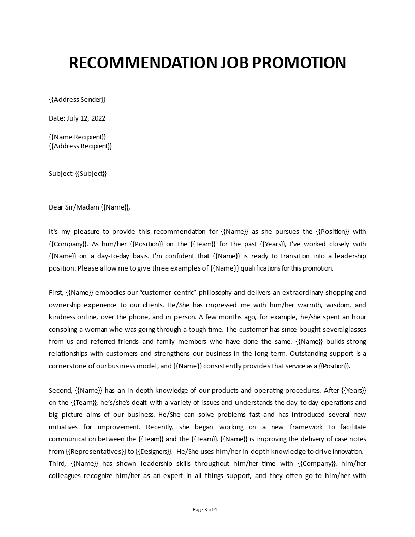 recommendation letter for job promotion template