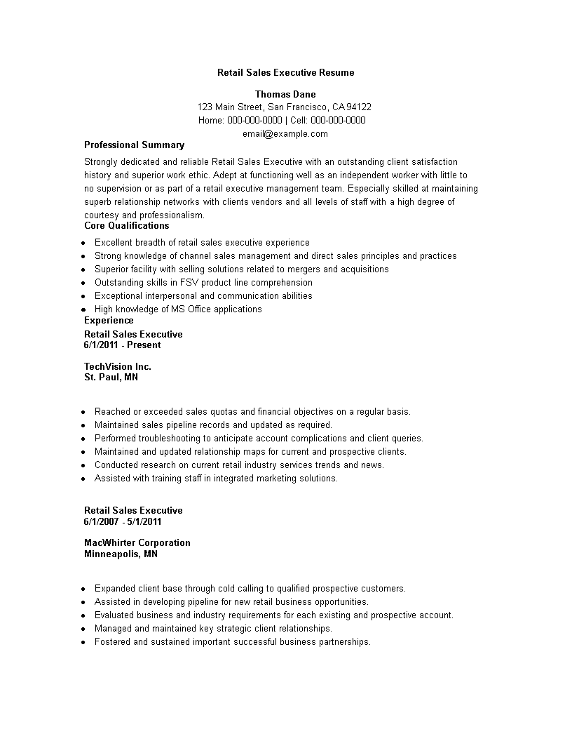 retail sales executive resume sample modèles