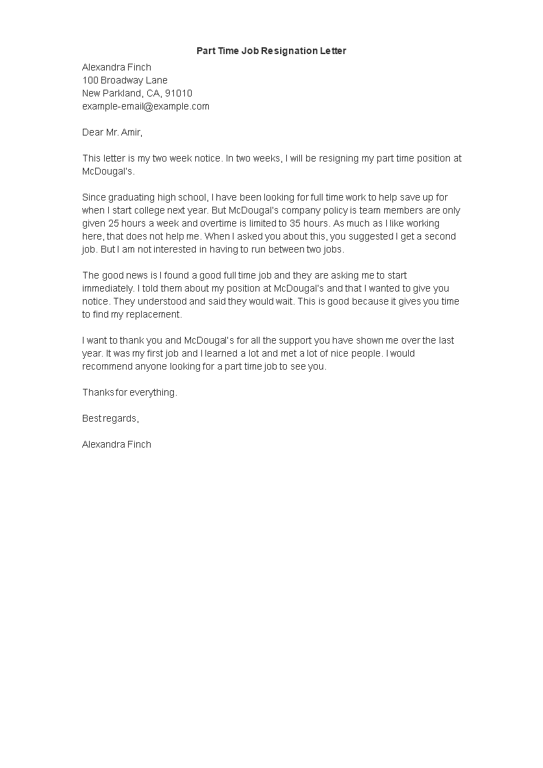 part-time job resignation letter template