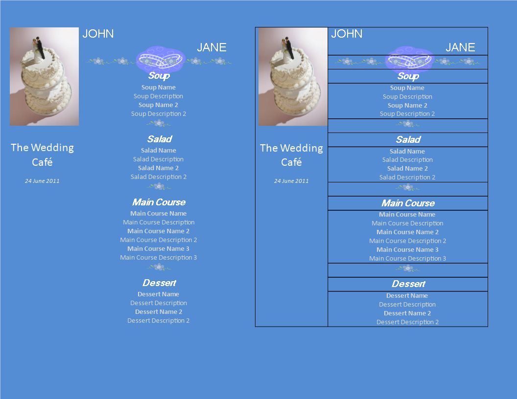 wedding menu template blue voorbeeld afbeelding 