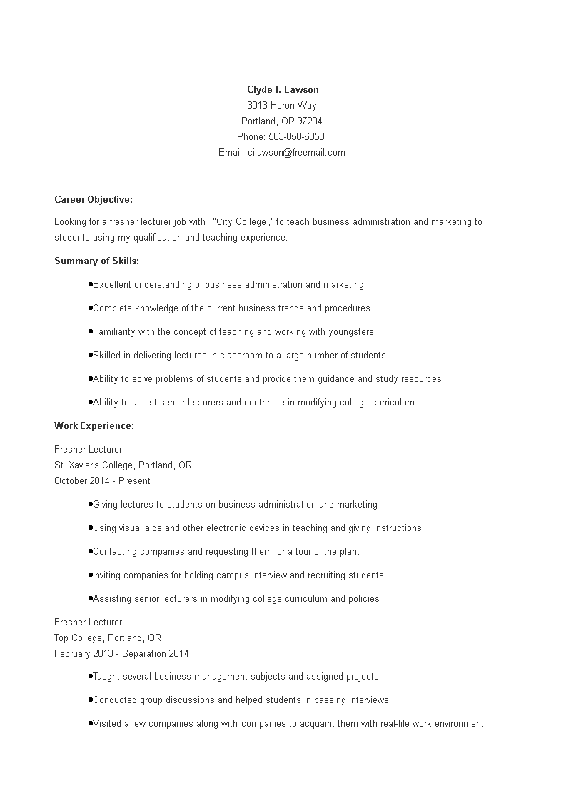 Fresher Lecturer Teacher Resume main image