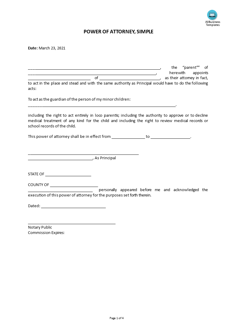 power of attorney, simple template