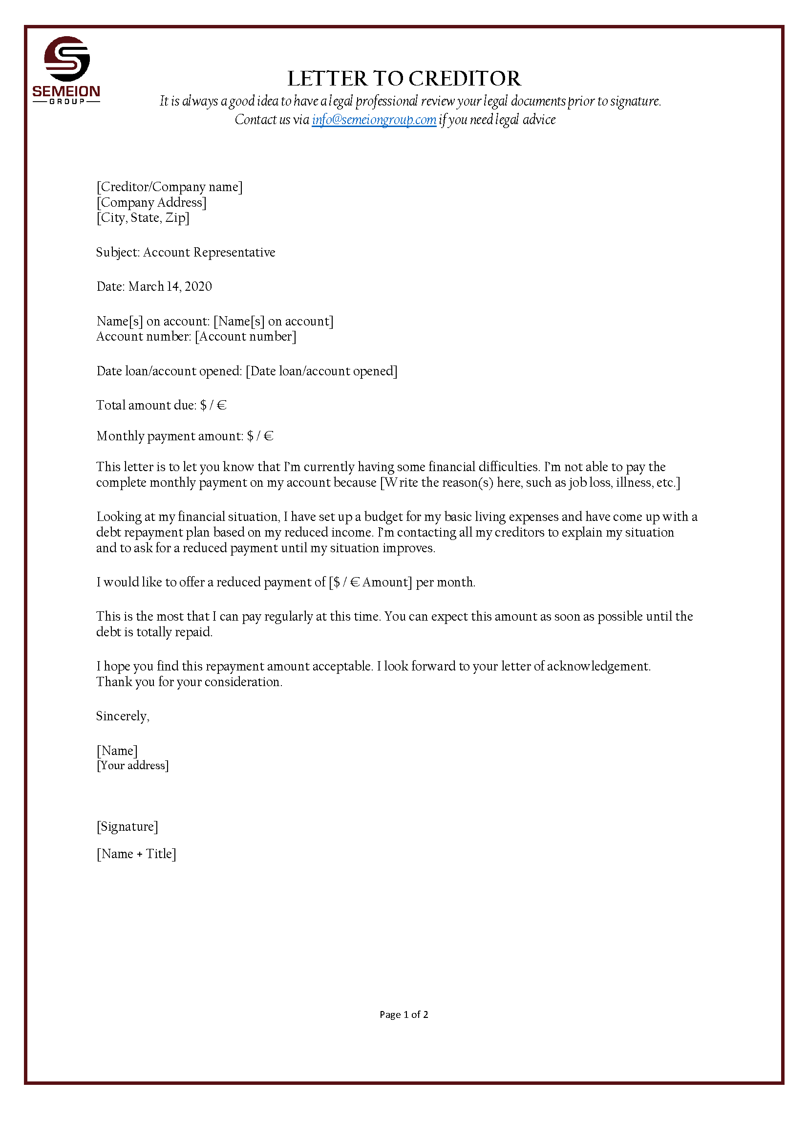 letter to creditor template voorbeeld afbeelding 