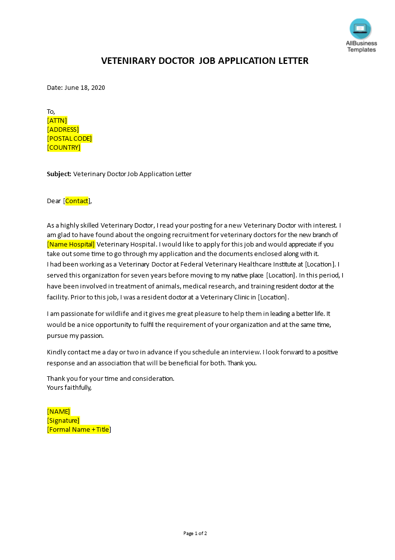 Job Application Letter For Veterinary Doctor main image