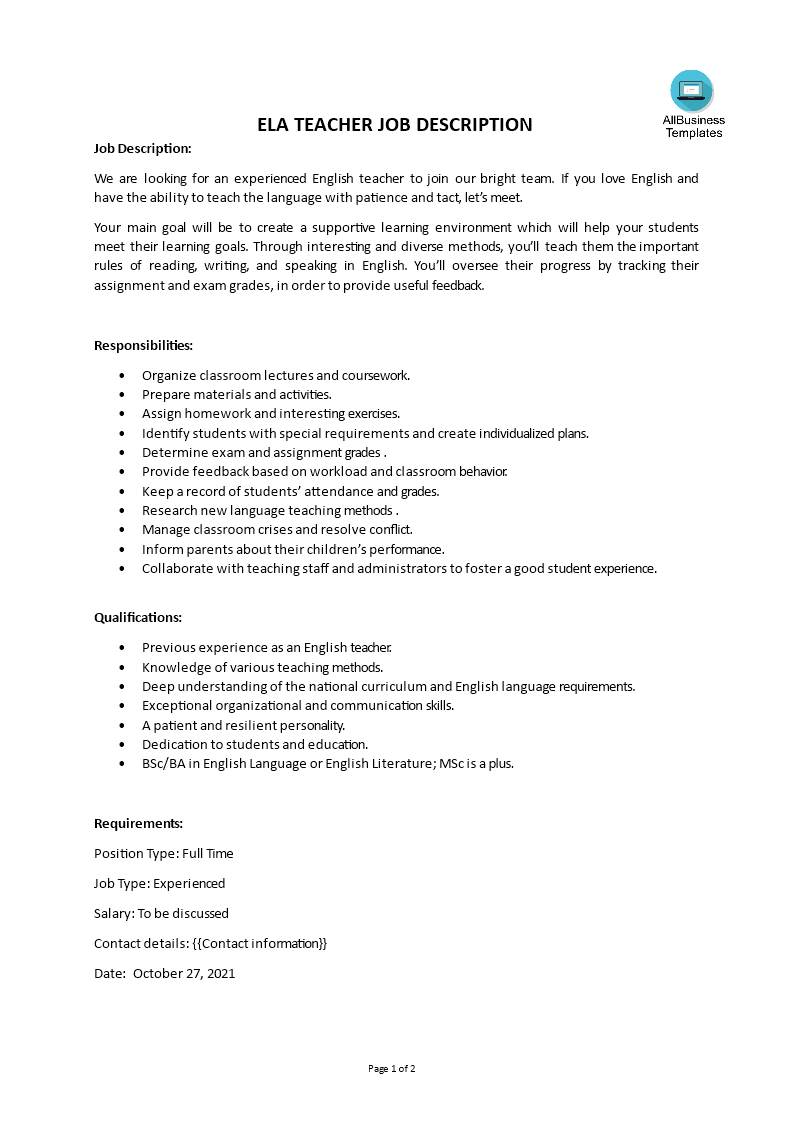 ela teacher job description template