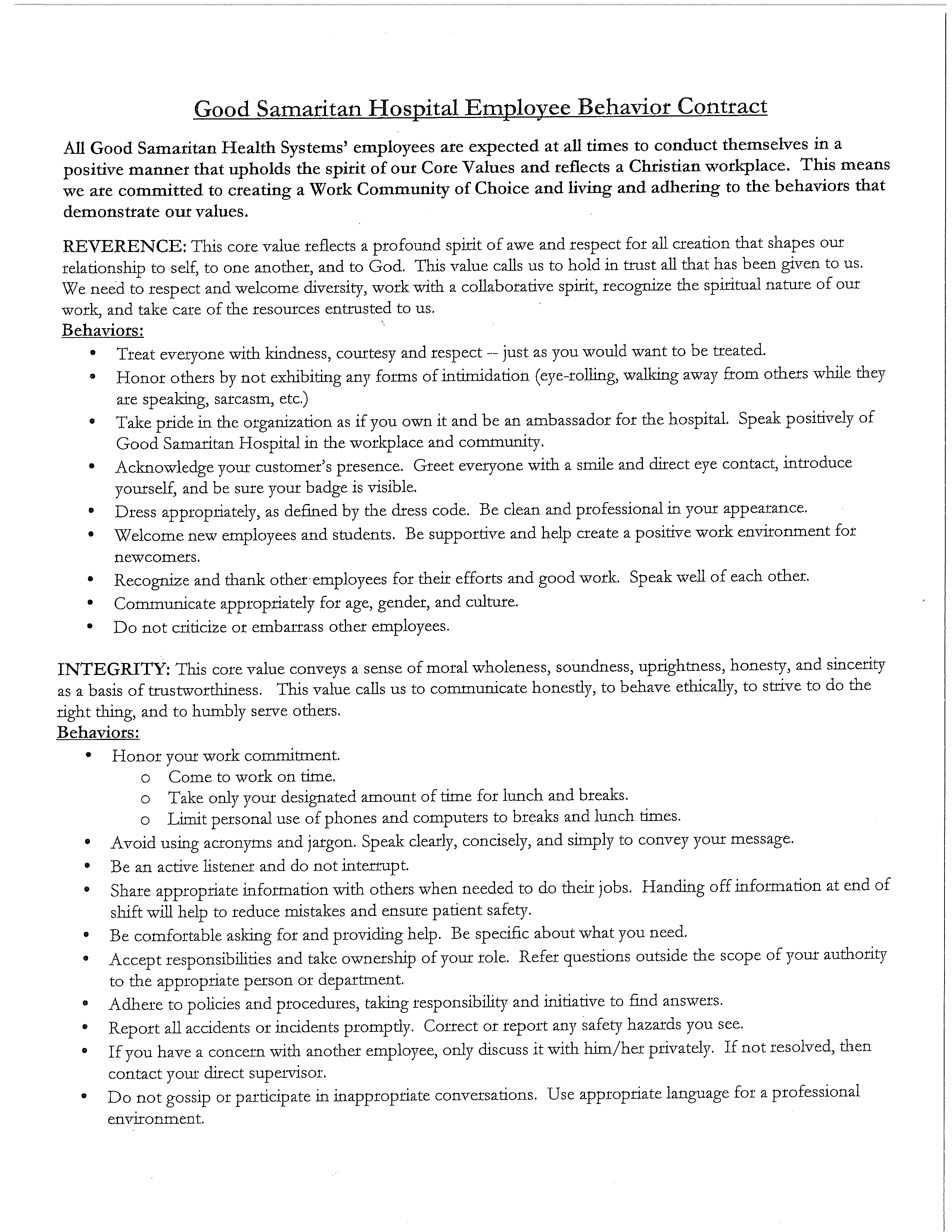 employee behavior contract template