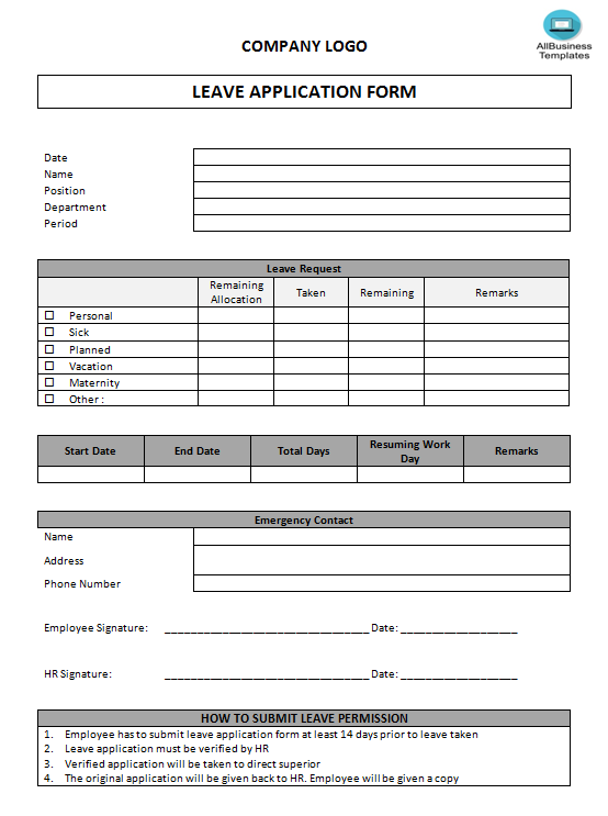 leave application form template