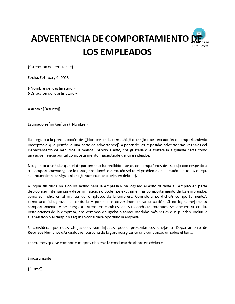 carta de advertencia de comportamiento del empleado modèles