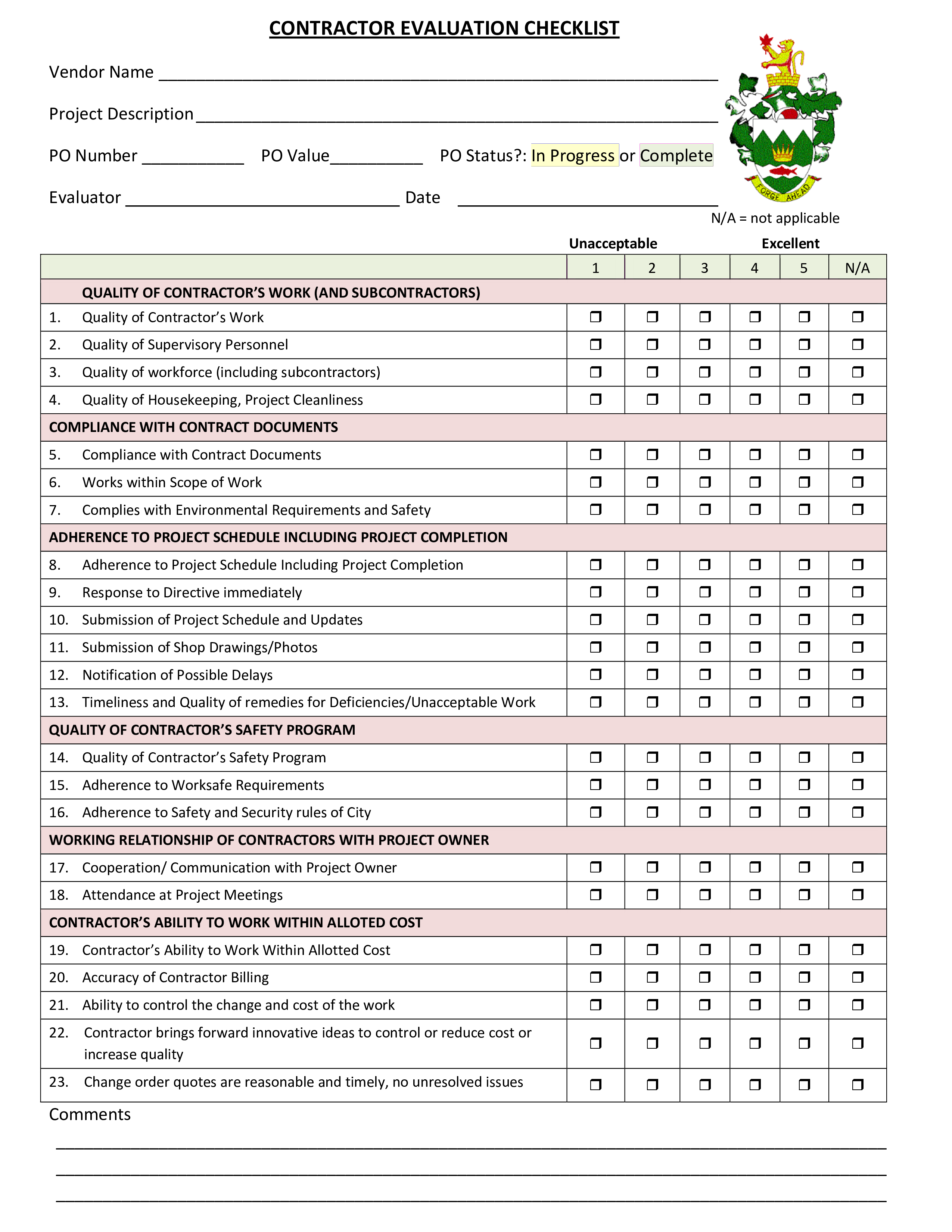 project contractor evaluation checklist plantilla imagen principal