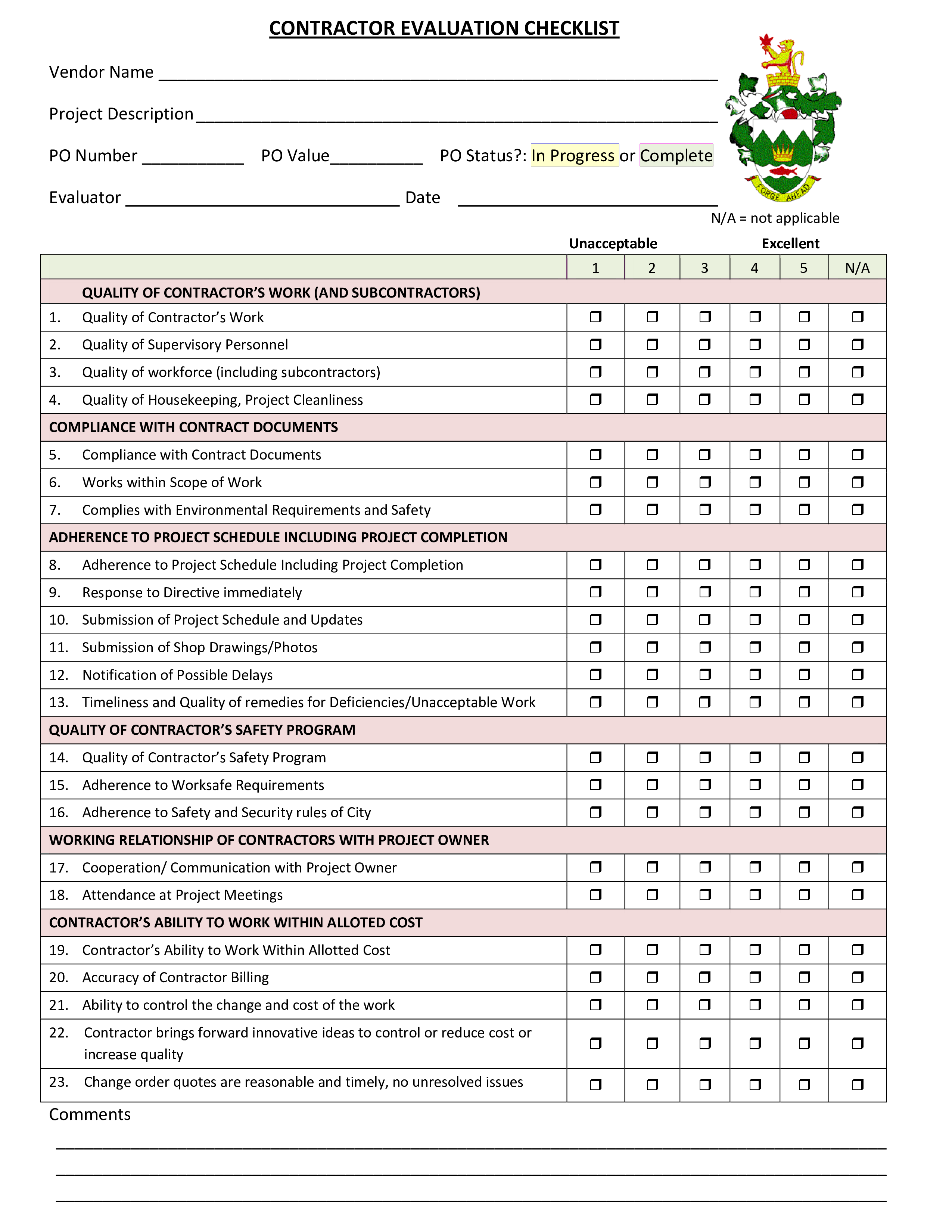 project contractor evaluation checklist plantilla imagen principal