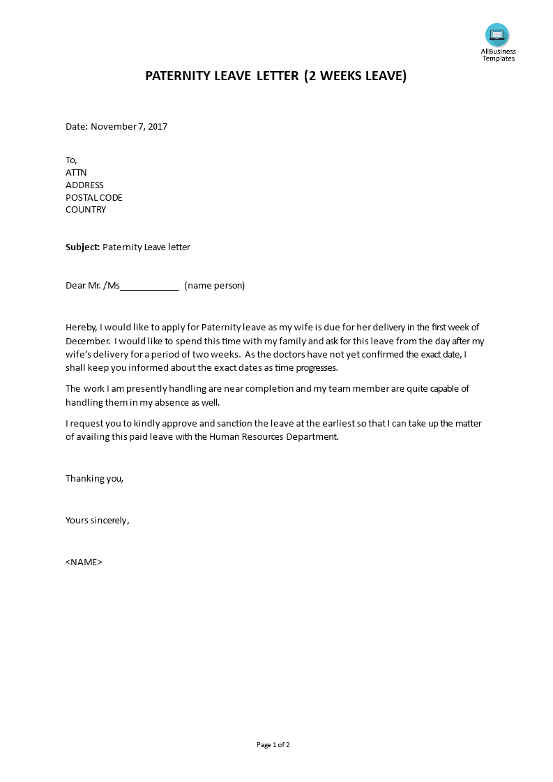 paternity leave letter template template