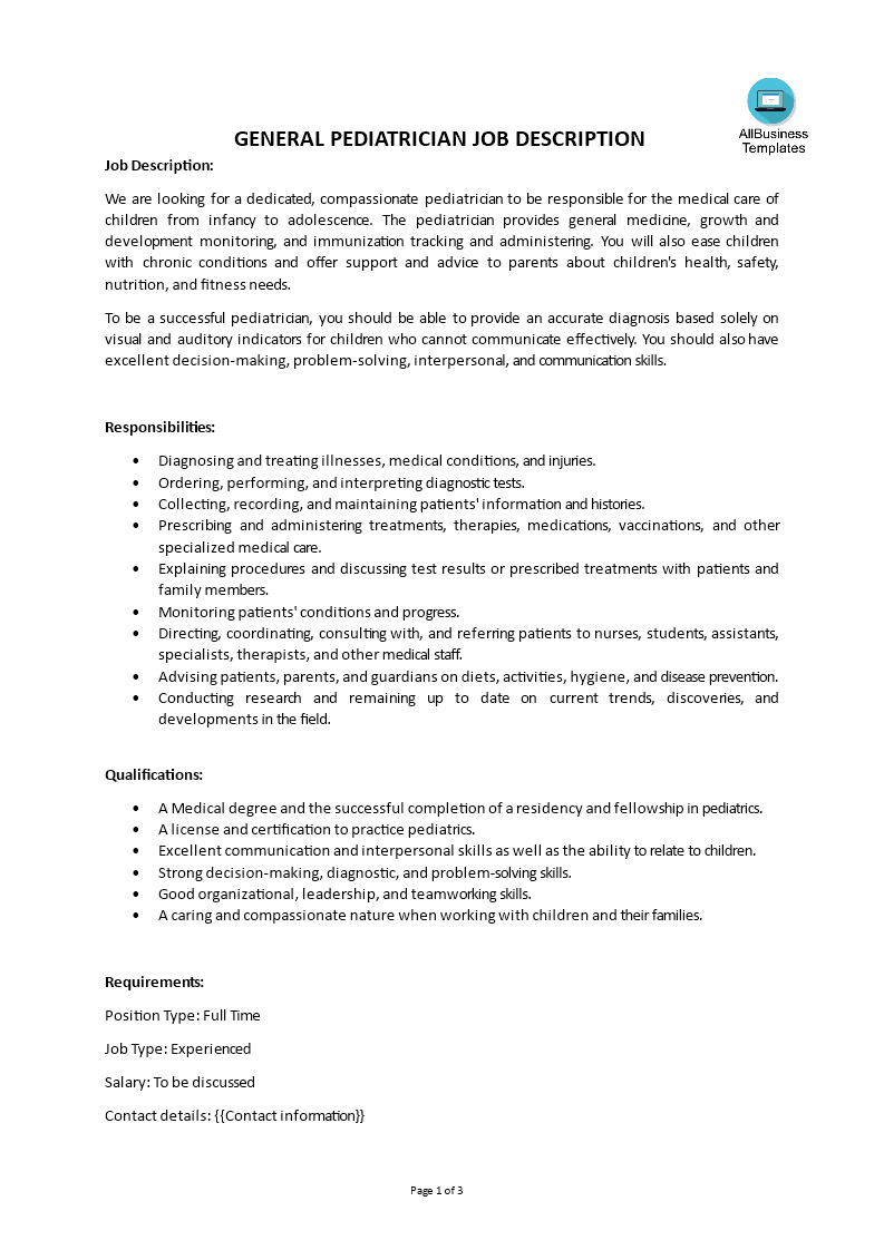 general pediatrician job description template