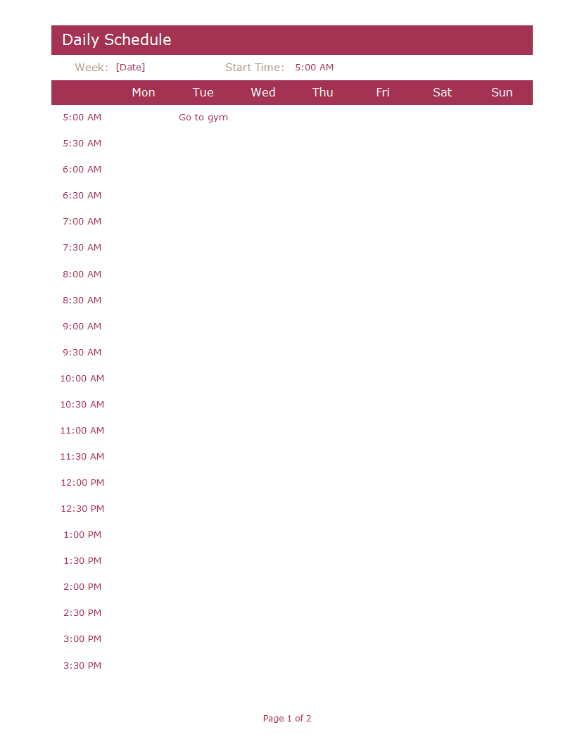 daily planner excel sheet Hauptschablonenbild