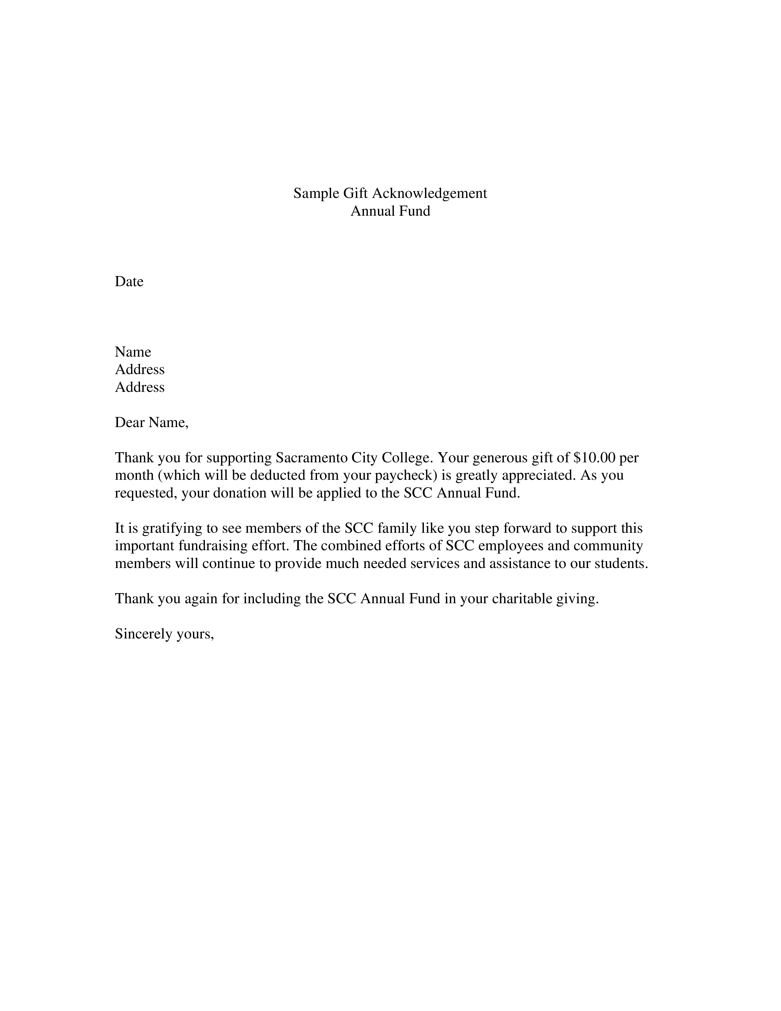 memorial gift acknowledgement letter template