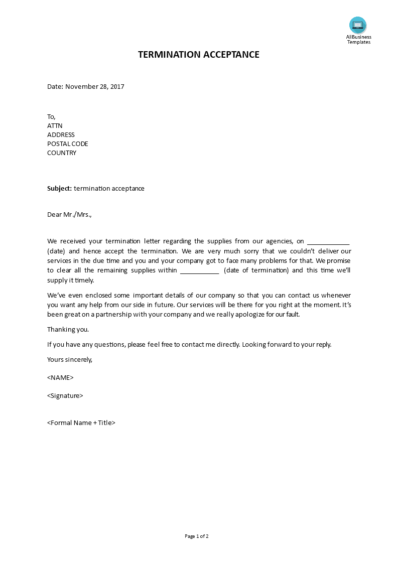 termination acceptance letter Hauptschablonenbild