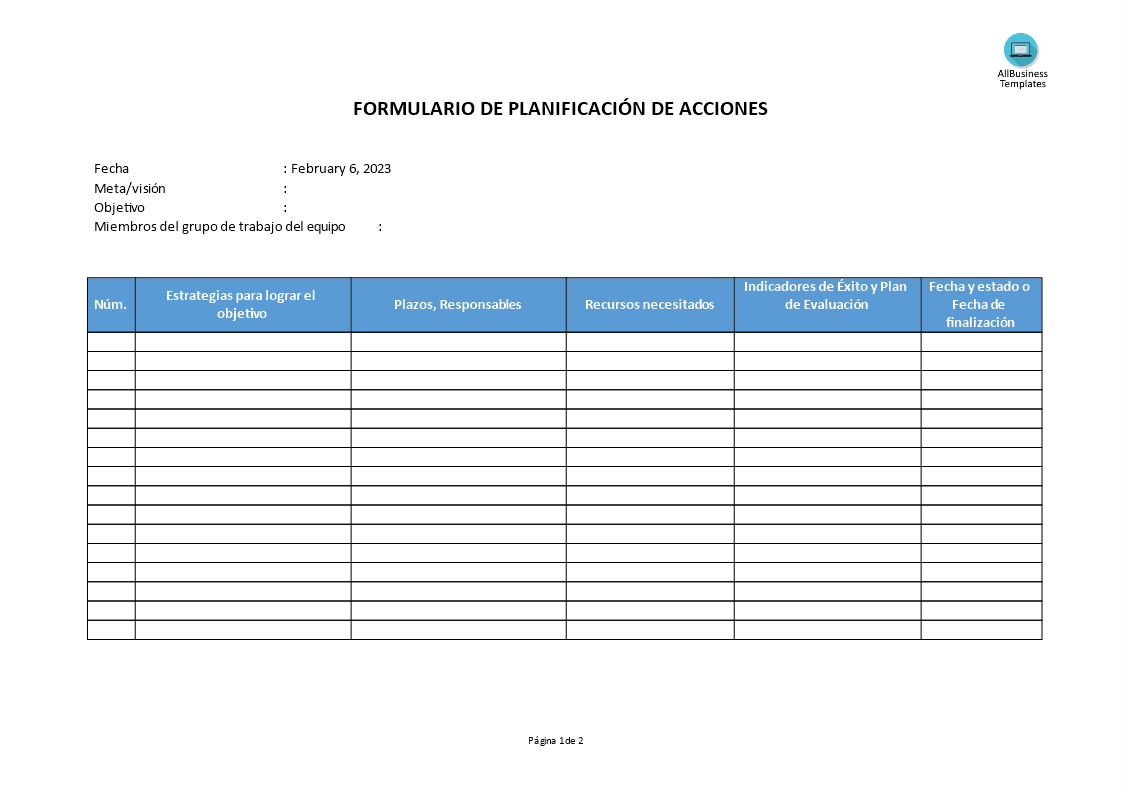 plan de acción de word template