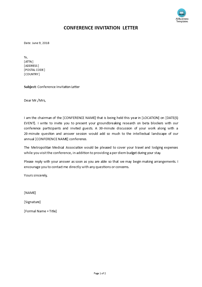 professional business conference invitation letter Hauptschablonenbild