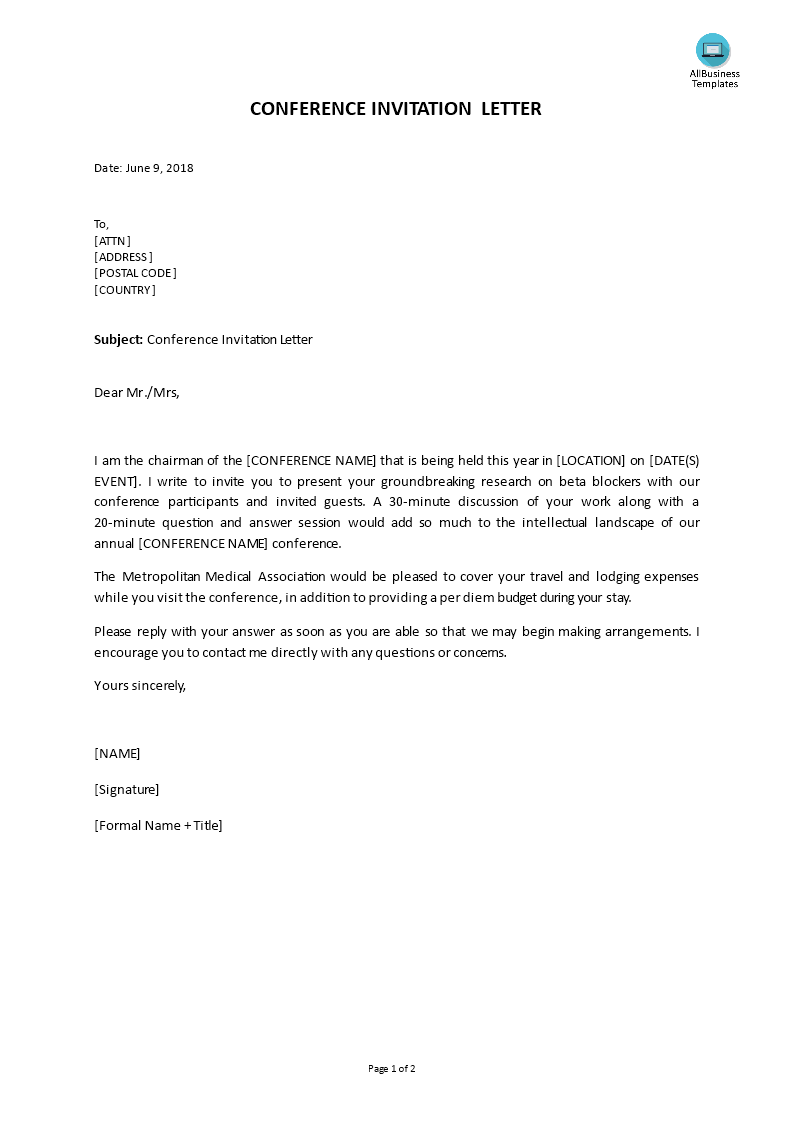 Kostenloses Professional Business Conference Invitation Letter