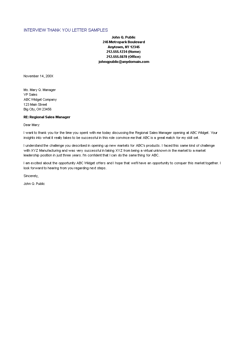 thank you for the sales interview letter template