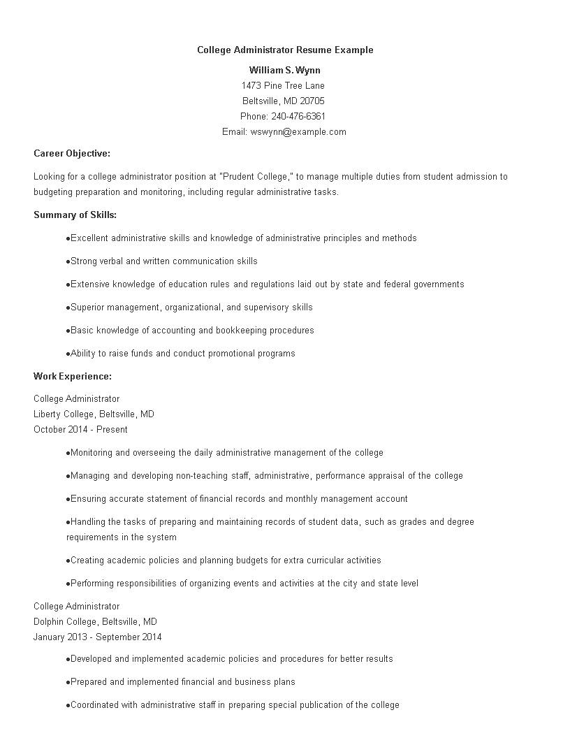 College Administration Resume main image