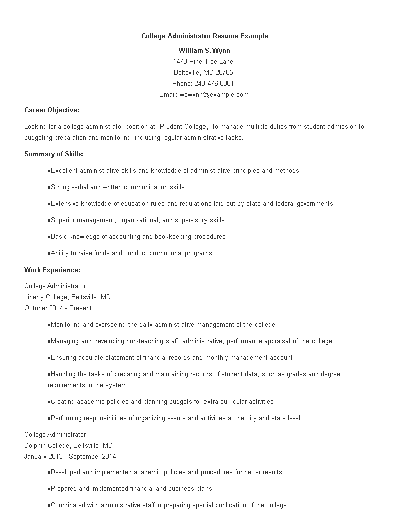 College Administration Resume 模板