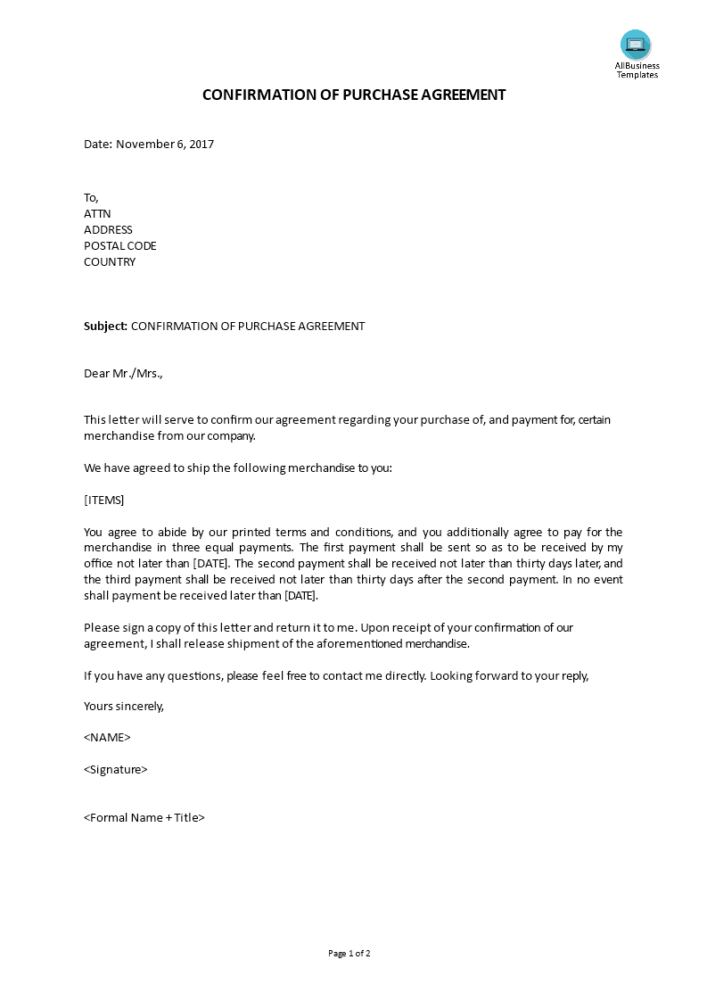 Confirmation Purchase Agreement Cover letter  Templates at