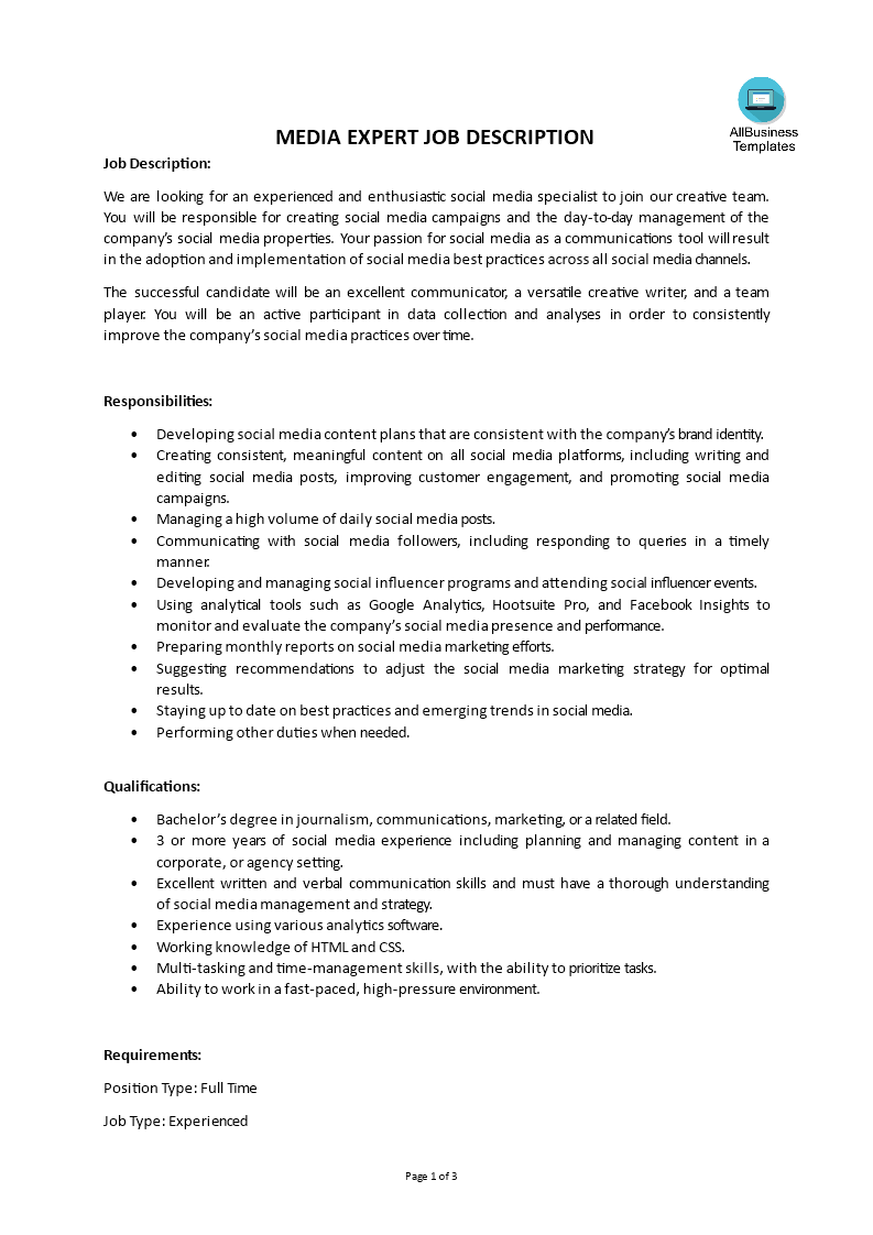 media expert job description template