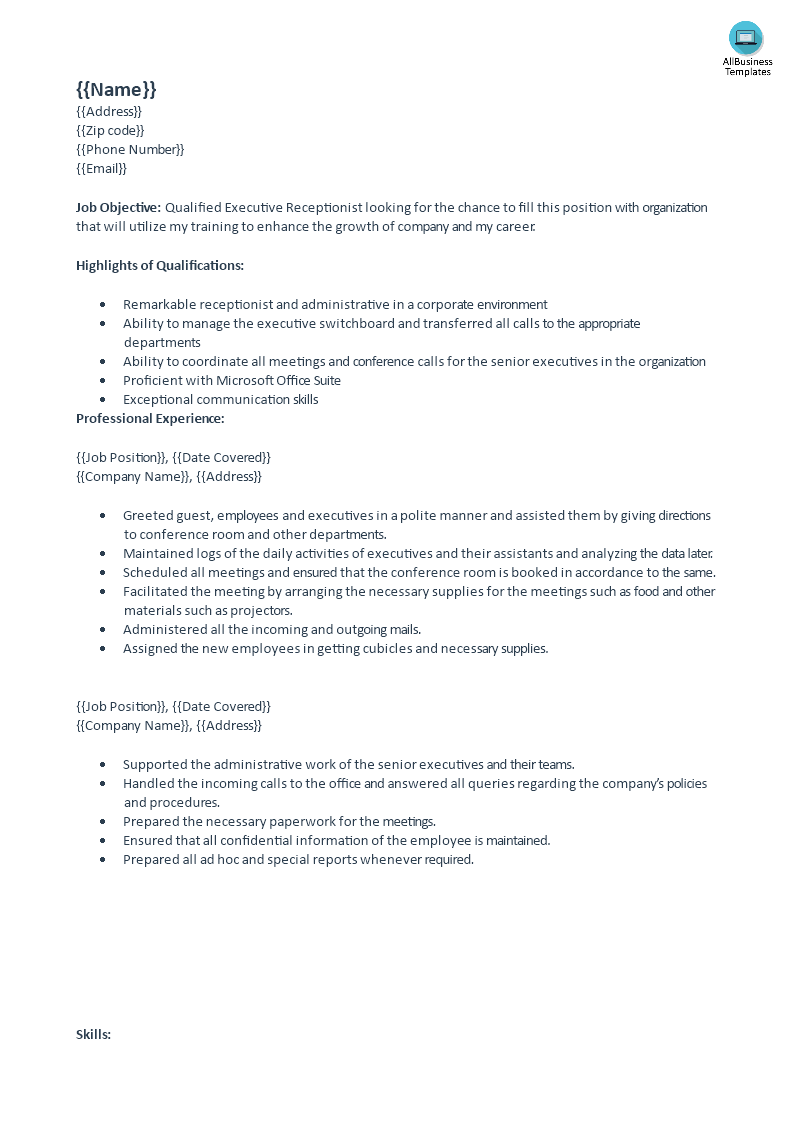 executive receptionist curriculum vitae modèles