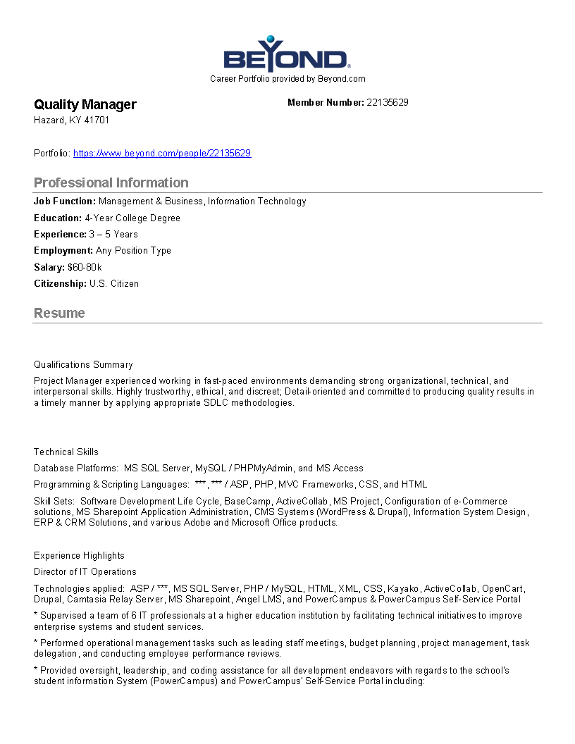 it quality manager job description modèles