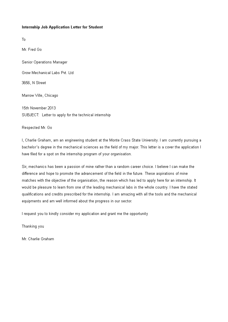 internship job application letter for student modèles