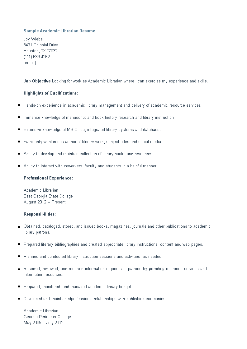 academic librarian resume template