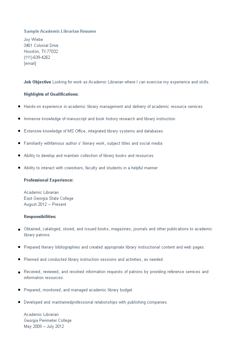 academic librarian resume modèles