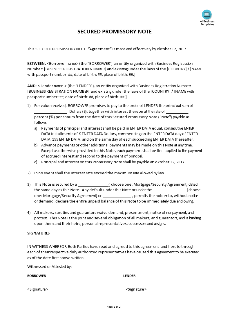 Secured Promissory Note Non Negotiable main image