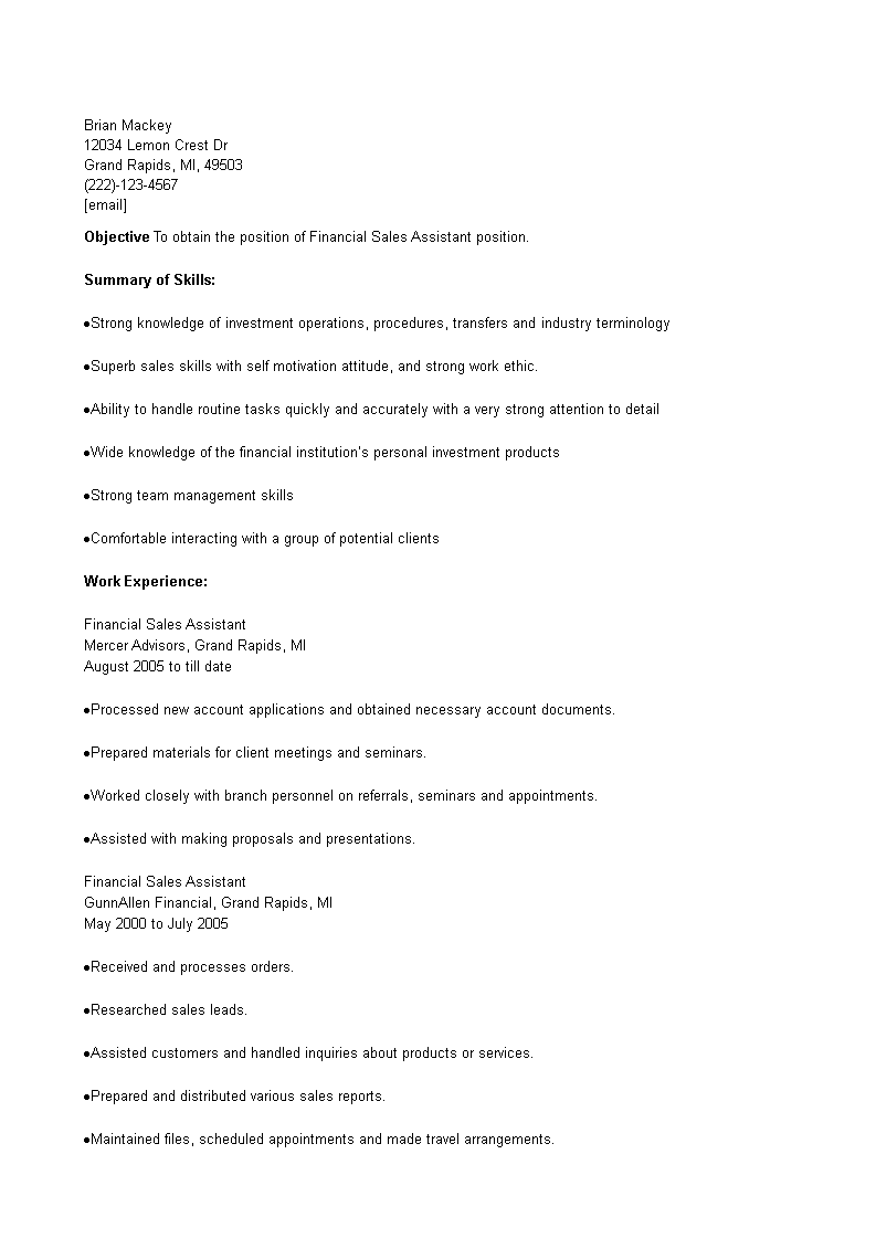 Financial Sales Assistant CV sample main image