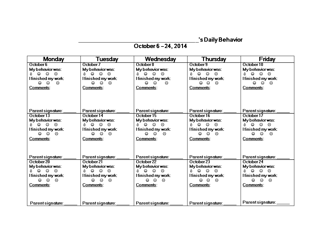 student daily work behavior calendar voorbeeld afbeelding 