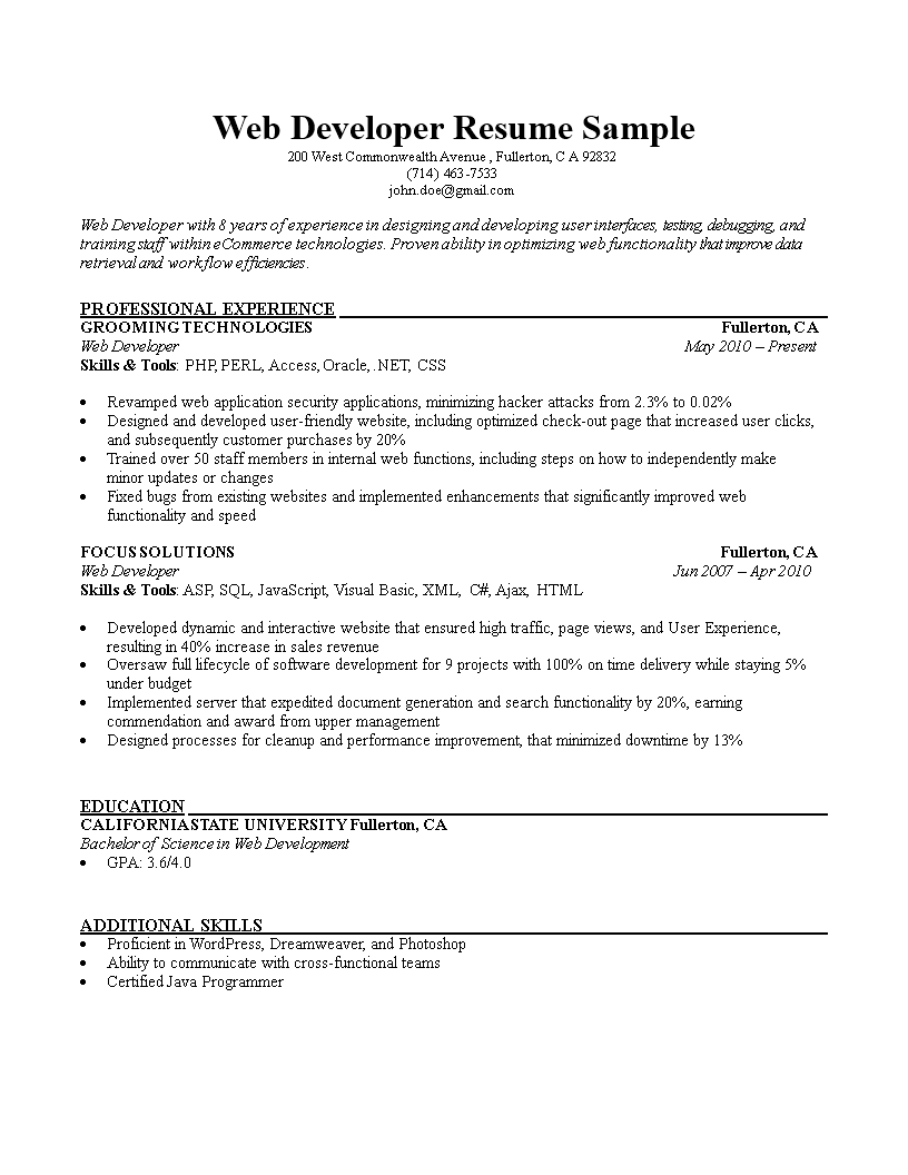 Web Developer Sample Resume main image