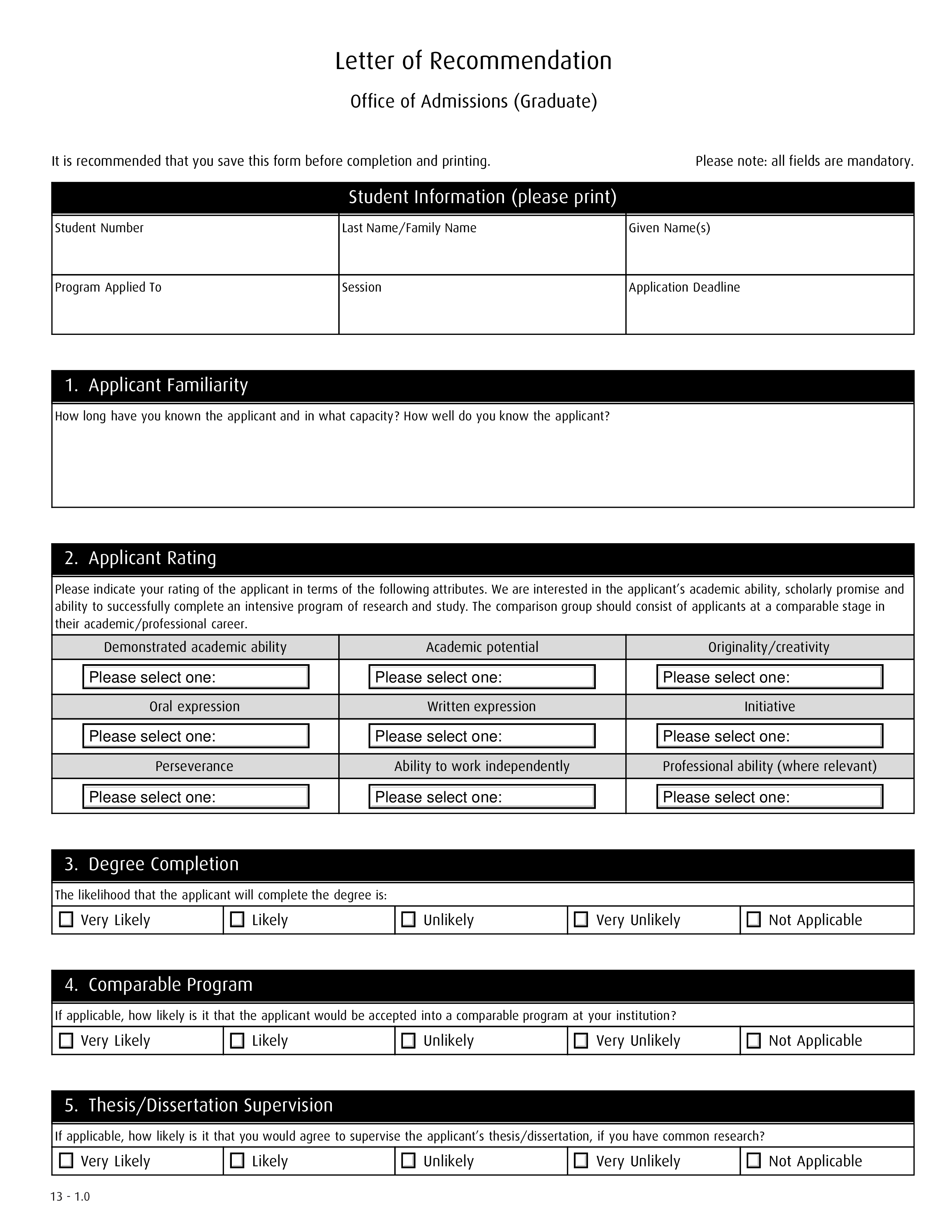 Academic Reference Recommendation Letter 模板