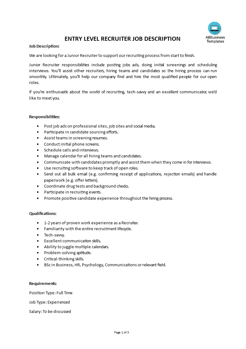 entry level recruiter job description modèles