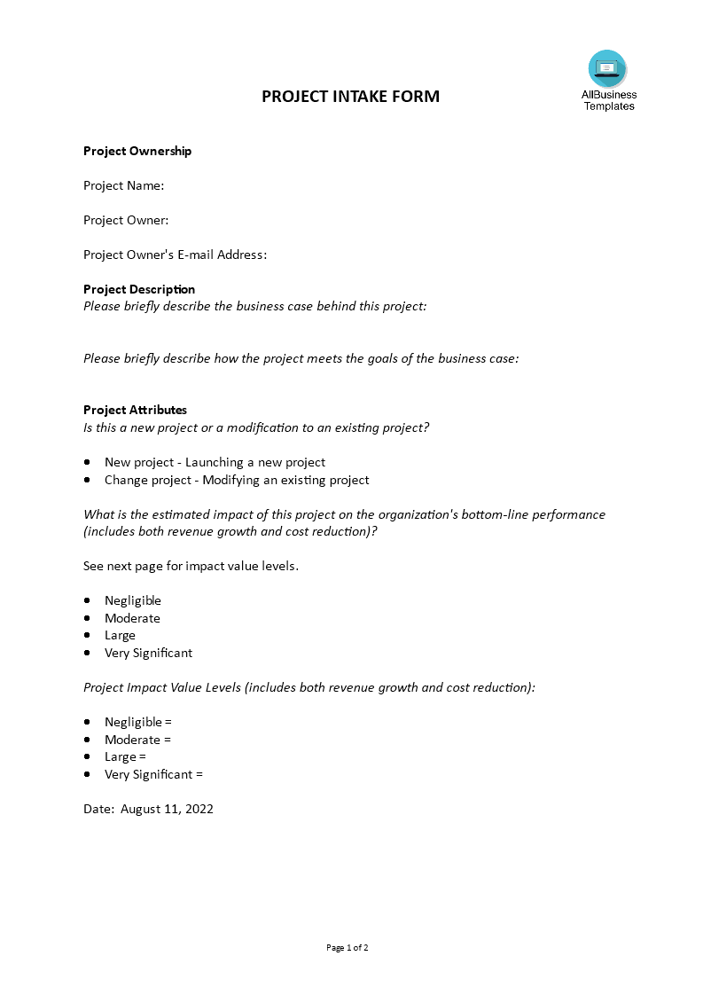 project intake form template