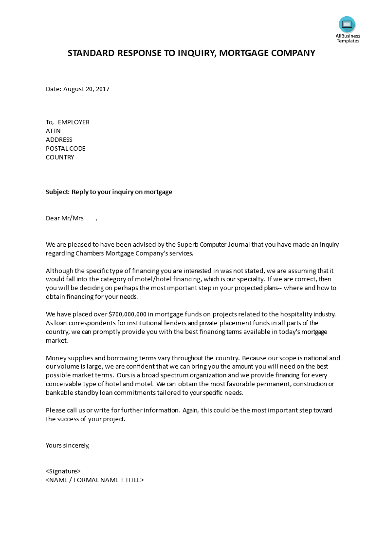 Standard response to inquiry, mortgage company - Premium Schablone With Regard To Mortgage Letter Templates